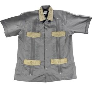 VTG Mens Campos Guayabera Copacabana Button Up Shirt Gray Leather Sz 40 USA L